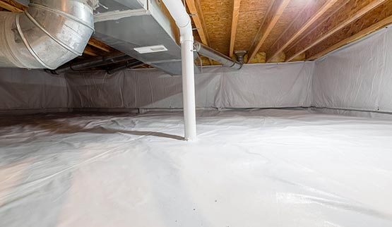 basement crawl space fully encapsulated with thermoregulatory blankets and dimple board