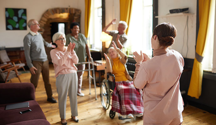 Diverse Group Smiling Senior People Dancing While Enjoying Activities Retirement Home With You
