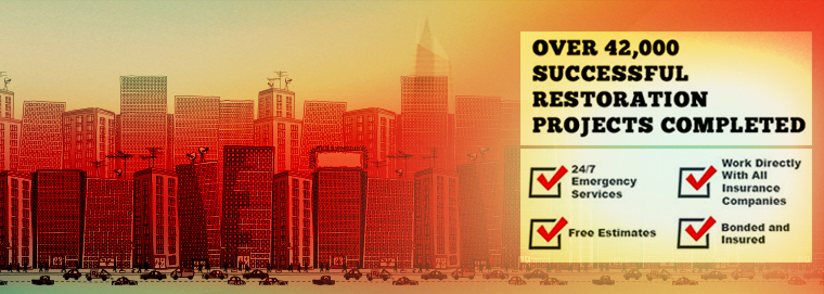42,000 Water and Fire Damage Restoration Jobs Completed an illustrated skyline with words stating 42,000 restoration jobs completed