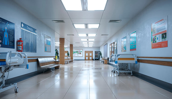 A bright, clean, and empty hospital corridor