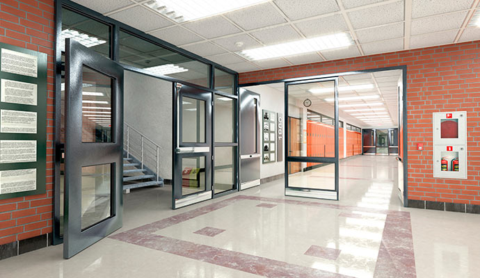 A clean, modern school hallway