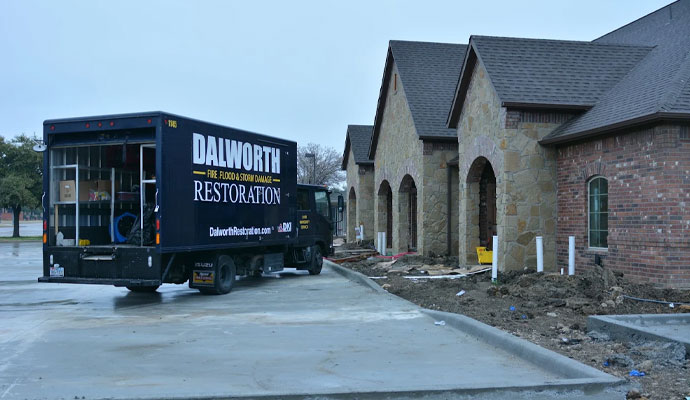 A Dalworth Restoration service truck parked outside a commercial property