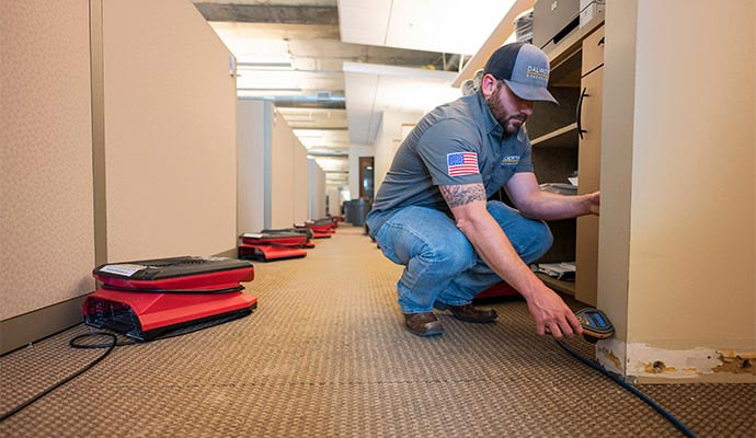A professional using an equipment inspecting water damage drywall