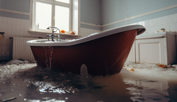 A red bathtub overflowing with soapy water