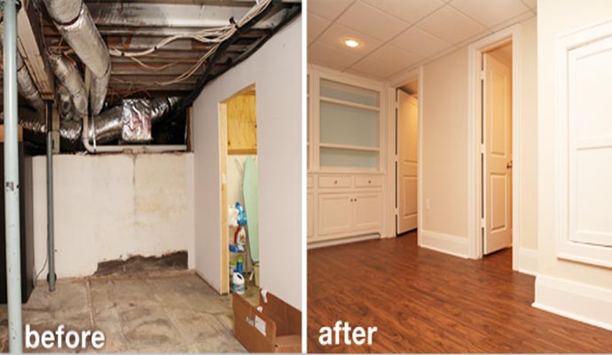 Basement Remodel Back corner Before and After Image 