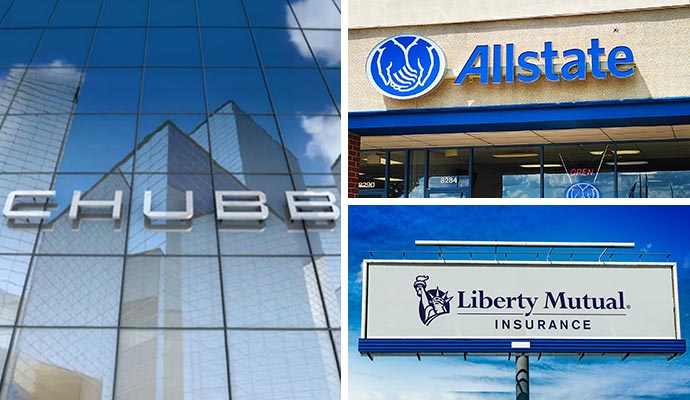 Collage of Chubb, Allstate, Liberty Mutual insurance Companie logo Collage of Chubb, Allstate, and Liberty Mutual insurance companie logo