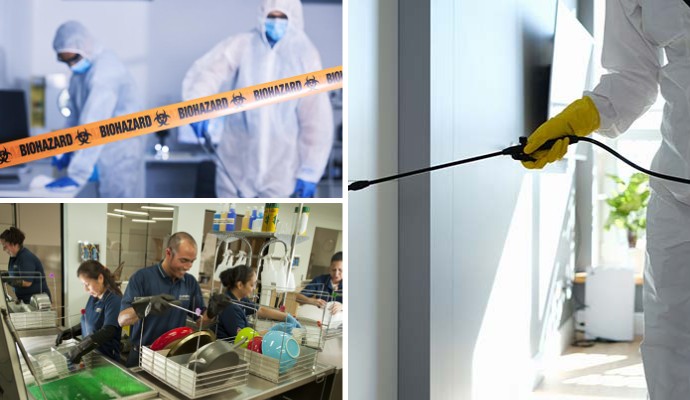 Collage of biohazard cleanup service, content restoration and disinfecting service