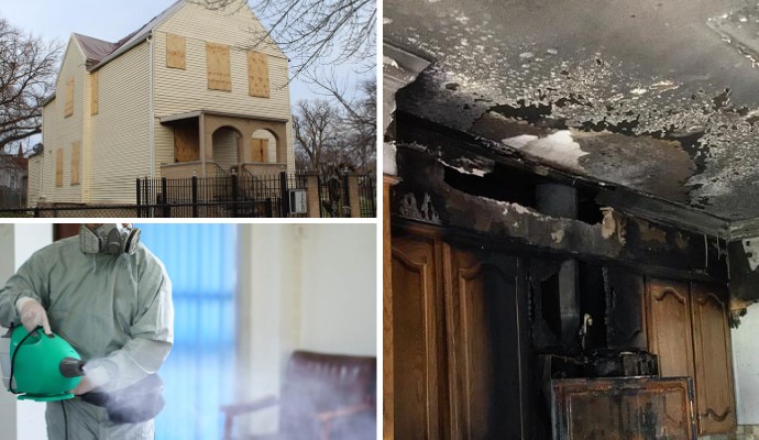 Collage of boarded up house, smoke odor removal service and soot damaged ceiling