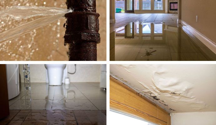 Collage of water spraying out from a broken pipe, flood damaged floor, water damaged toilet floor and damaged ceiling due to roof leak