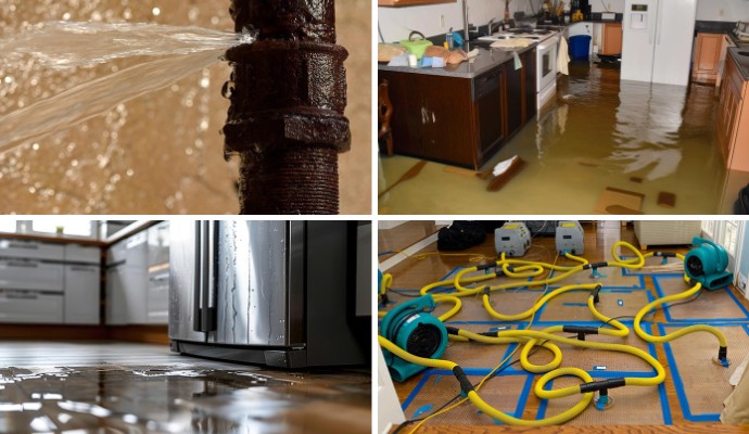 Collage of water spraying out from a broken water pipe, flood damaged property, water leaking from refrigerator and water extraction service