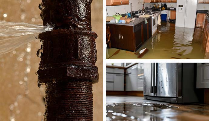 Collage of water spraying out from a broken water pipe, flooded room and water leaking from refrigerator