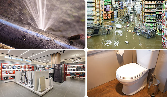 Collage of a burst water pipe, flooded supermarket, appliance store and a clean toilet
