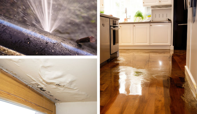 Collage of burst pipe, water damage ceiling and water damage wooden floor
