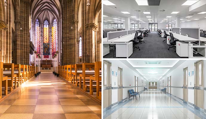 Collage of church, office interior and healthcare facility