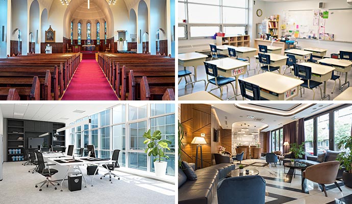 Collage of clean church, school, office and lobby