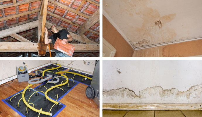 Collage of damage attic, floor, ceiling and drywall