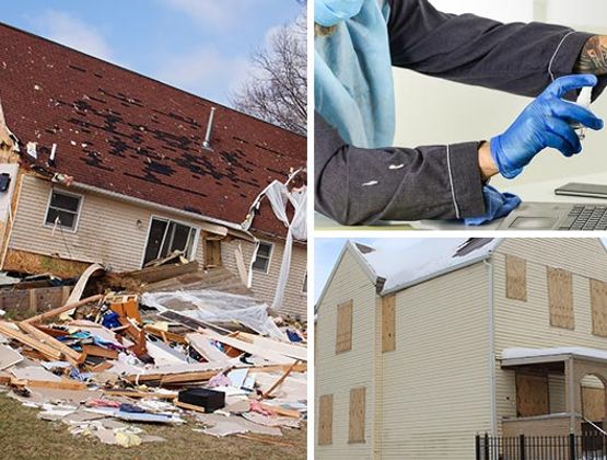 Collage of disaster damage restoration, electronic accessories cleanup and board up service Collage of disaster damage restoration, electronic accessories cleanup and board up service
