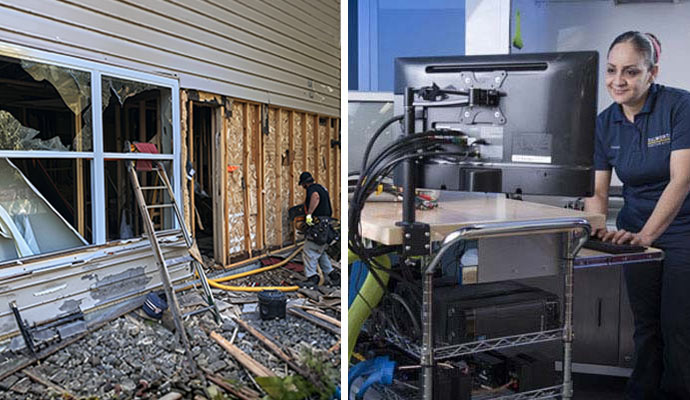Collage of disaster damaged property and electronic decontamination service