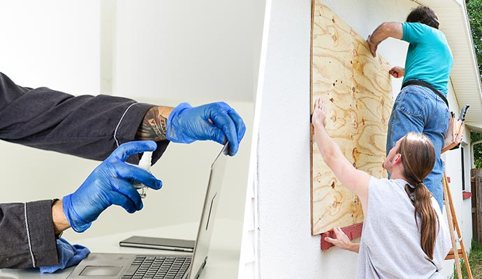 Collage of electronic device cleanup and board up services
