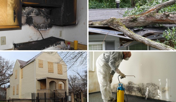 Collage of fire and storm damaged property, boarded-up house and mold remediation service