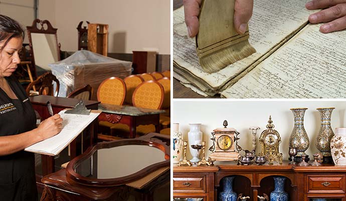Collage of furniture, document restoration and restored antiques