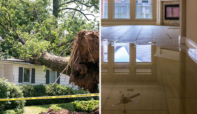 Collage of home property damaged by storm and flood
