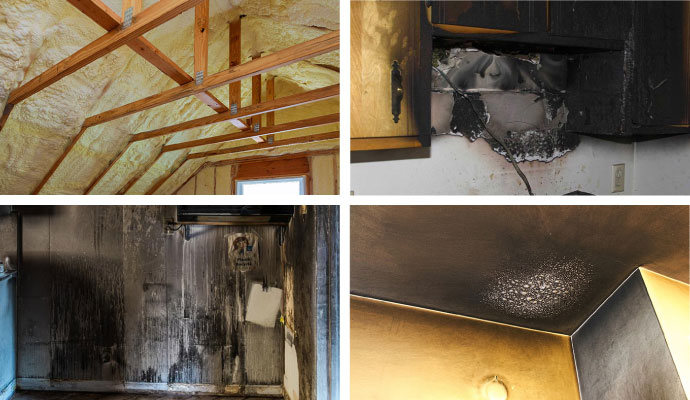 Collage of installed attic insulation, smoke and soot damaged property and smoke stained ceiling