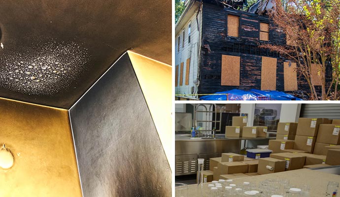 Collage of smoke damaged ceiling, boarded-up house and packout content stored in a room