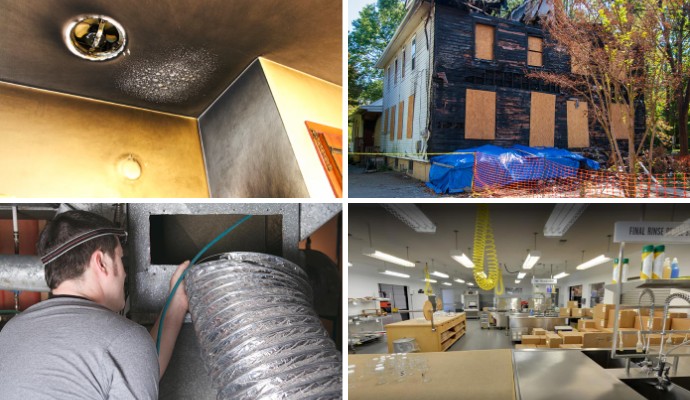 Collage of smoke-damaged ceiling, boarded up house, duct cleaning and content packout service