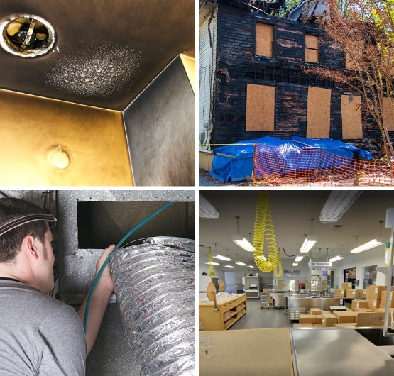 Collage of smoke-damaged ceiling, boarded up house, duct cleaning and content packout service