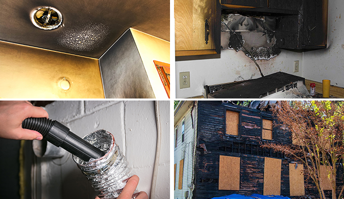 Collage of smoke damaged wall fire damaged property duct cleaning and boarded up house