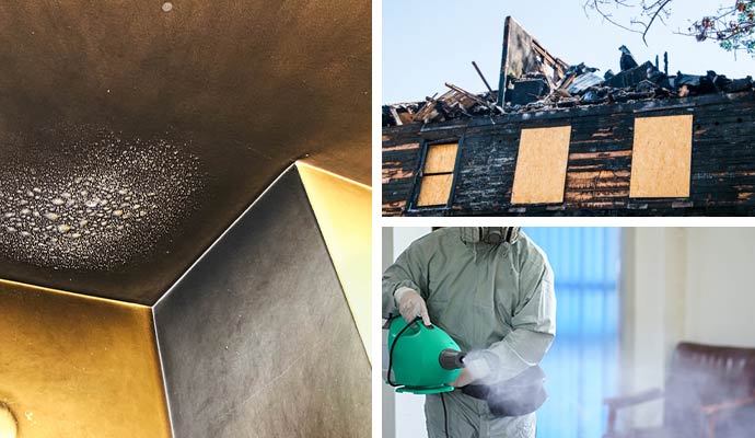 Collage of soot damaged ceiling, boarded up house after fire damage and smoke odor removal service