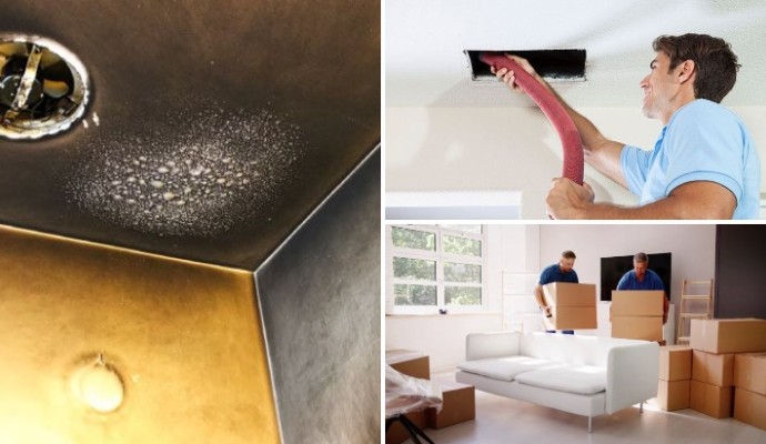Collage of soot damaged ceiling, duct cleaning and content packout