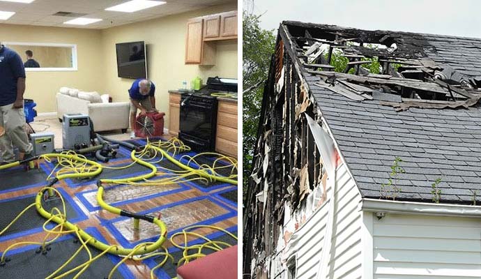 Collage of water and fire damage restoration