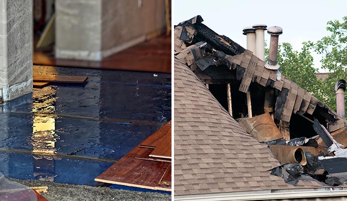 Collage of water damaged floor and fire damaged house
