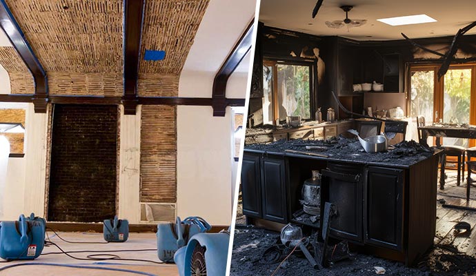 Collage of water damaged restoration and fire damaged kitchen Collage of water damaged restoration and fire damaged kitchen