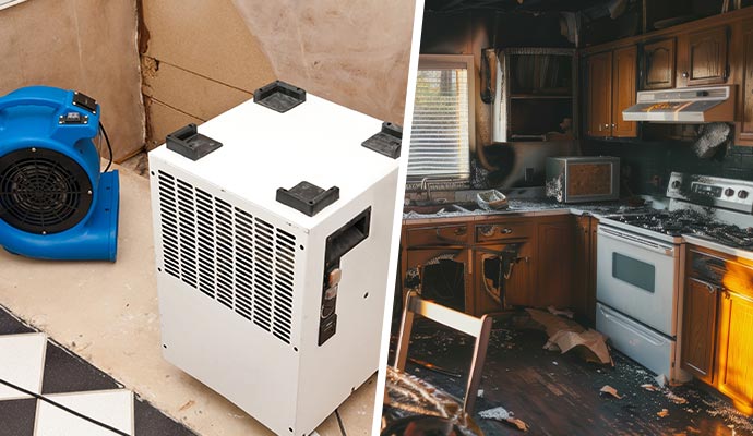 Collage of water damage restoration and fire damaged property