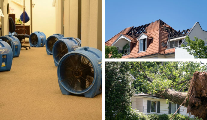 Collage of water damage restoration, fire and storm damaged property