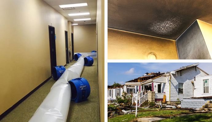 Collage of water damage restoration, fire and storm damaged property