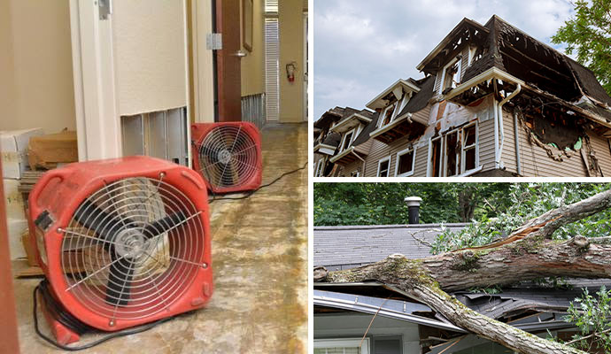 Collage of water damage restoration, fire and storm damaged property