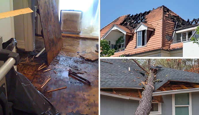 Collage of water damaged floor, fire and storm damaged house