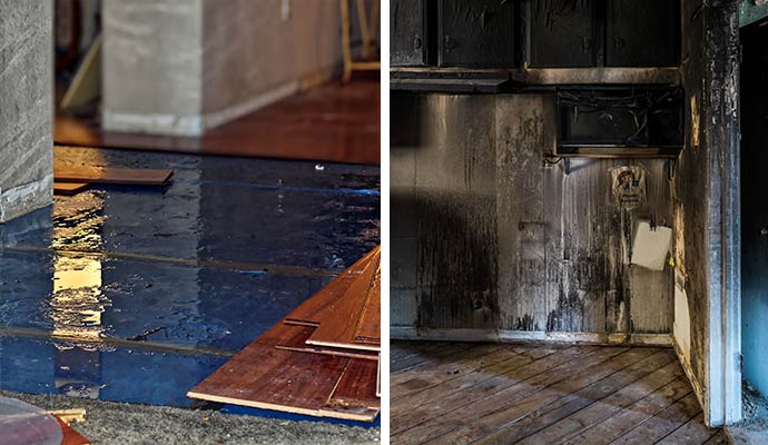 Collage of water damaged wooden floor and fire damaged kitchen