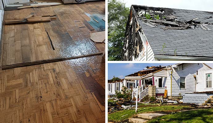 Collage of water, fire and storm damage properties
