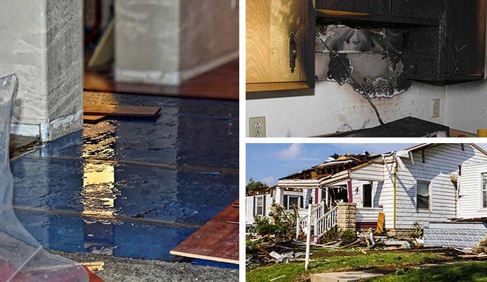 Collage of water, fire, and storm damage properties