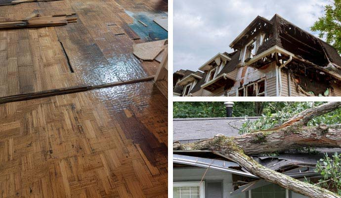 Collage of water, fire and storm damage properties