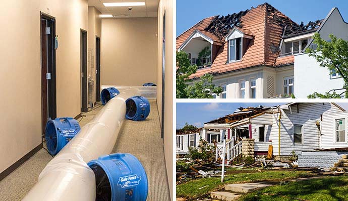 Collage of water, fire, and storm damage properties