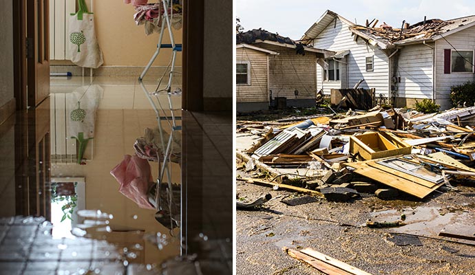 Collage of water pooling on the floor and a storm-damaged house with debris