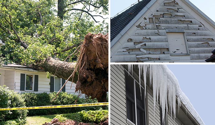 Collage of wind, hail and snow damaged houses