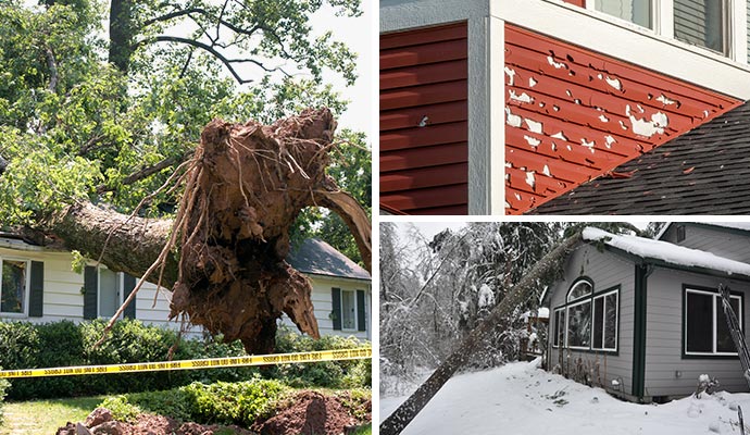 Collage of wind, hail and winter storm damaged properties