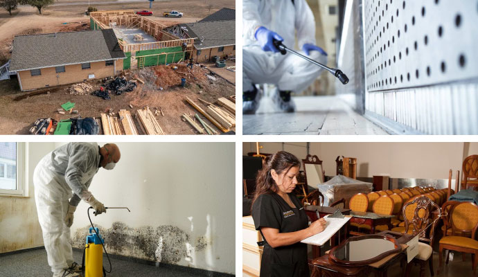 Collage showing reconstruction, disinfecting, mold remediation, and contents restoration services